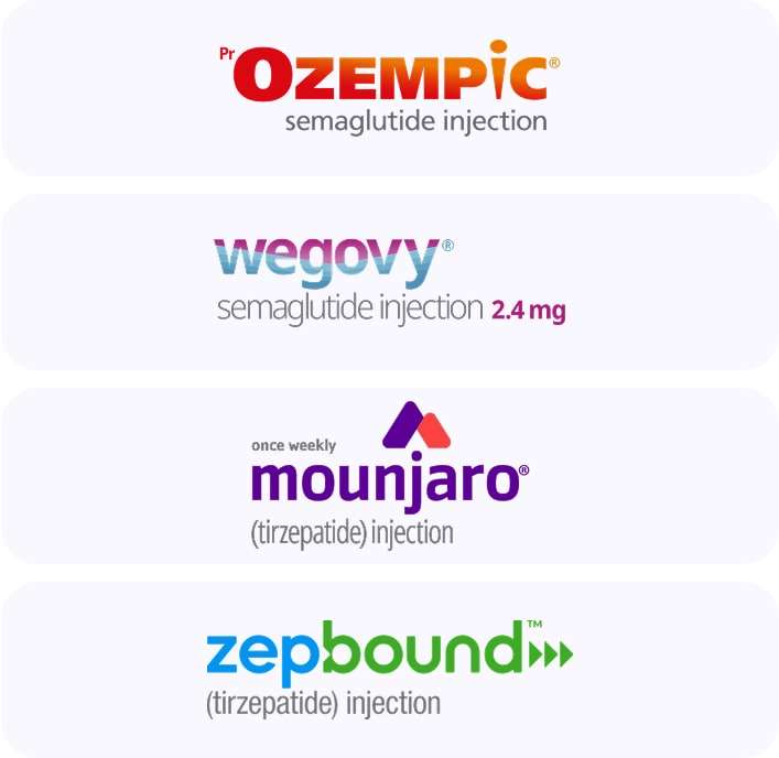 Logos of Ozempic, Wegovy, Mounjaro, and Zepbound injections